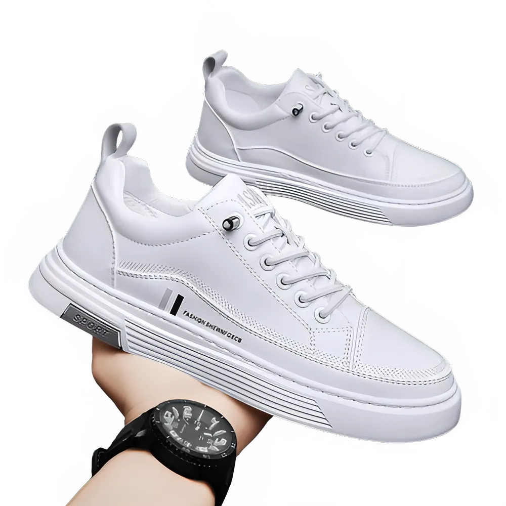 White Trendy Casual Sneakers, Sports Microfiber Leather Men's Shoes, Live Delivery.