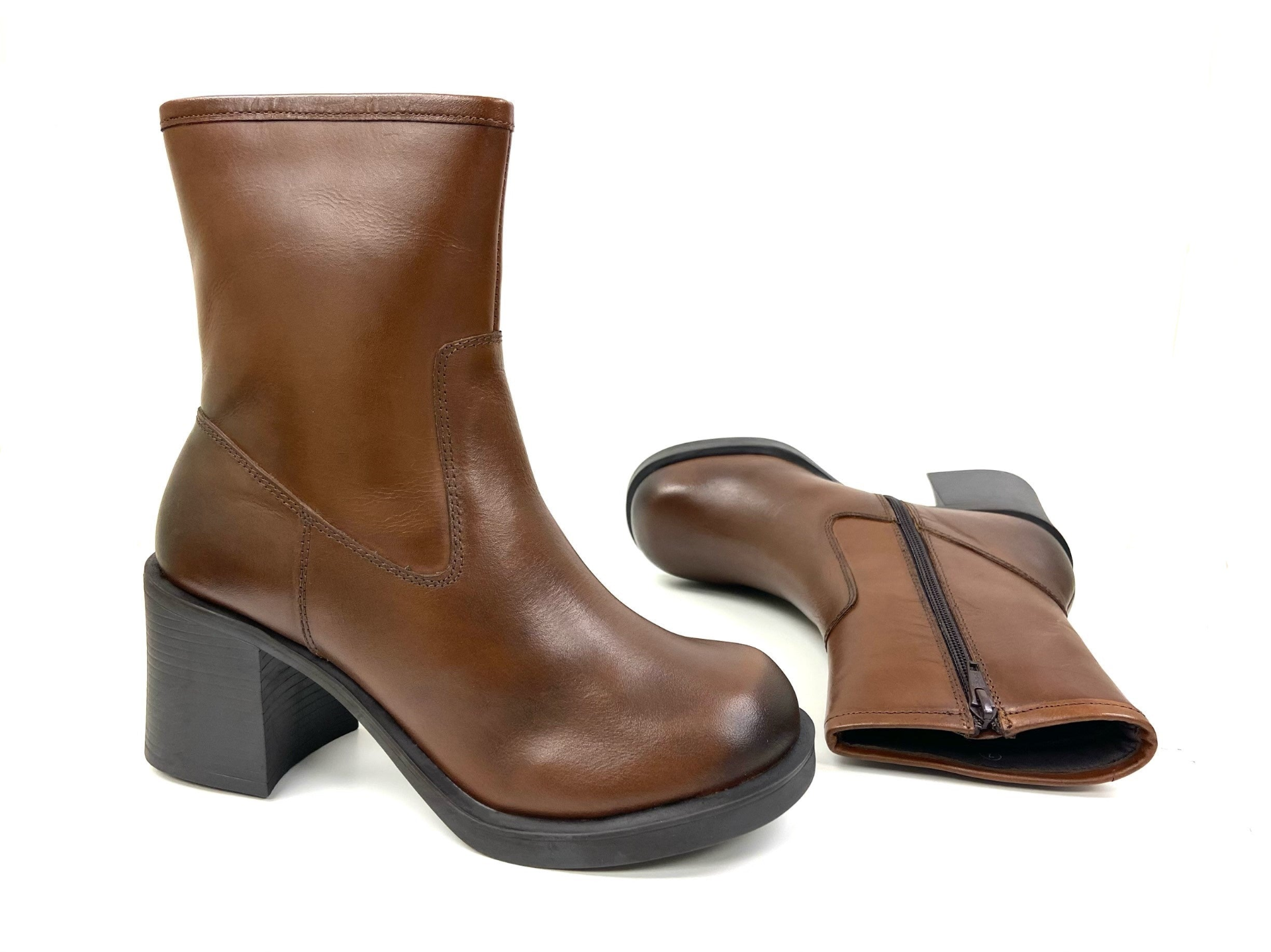 Lyla Cognac Square Block Heel Boots – Women’s Stylish Comfort.
