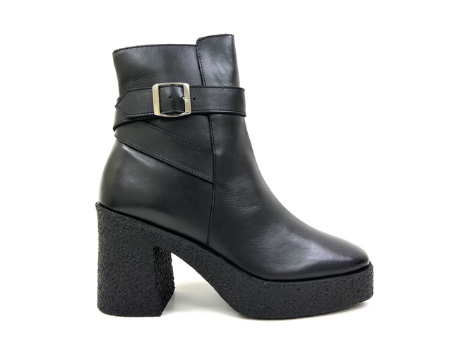 Lara Black Platform High Heels - Chic Square-Toe Boots with Decorative Belts.