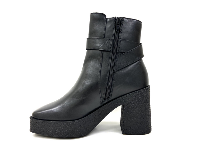 Lara Black Platform High Heels - Chic Square-Toe Boots with Decorative Belts.