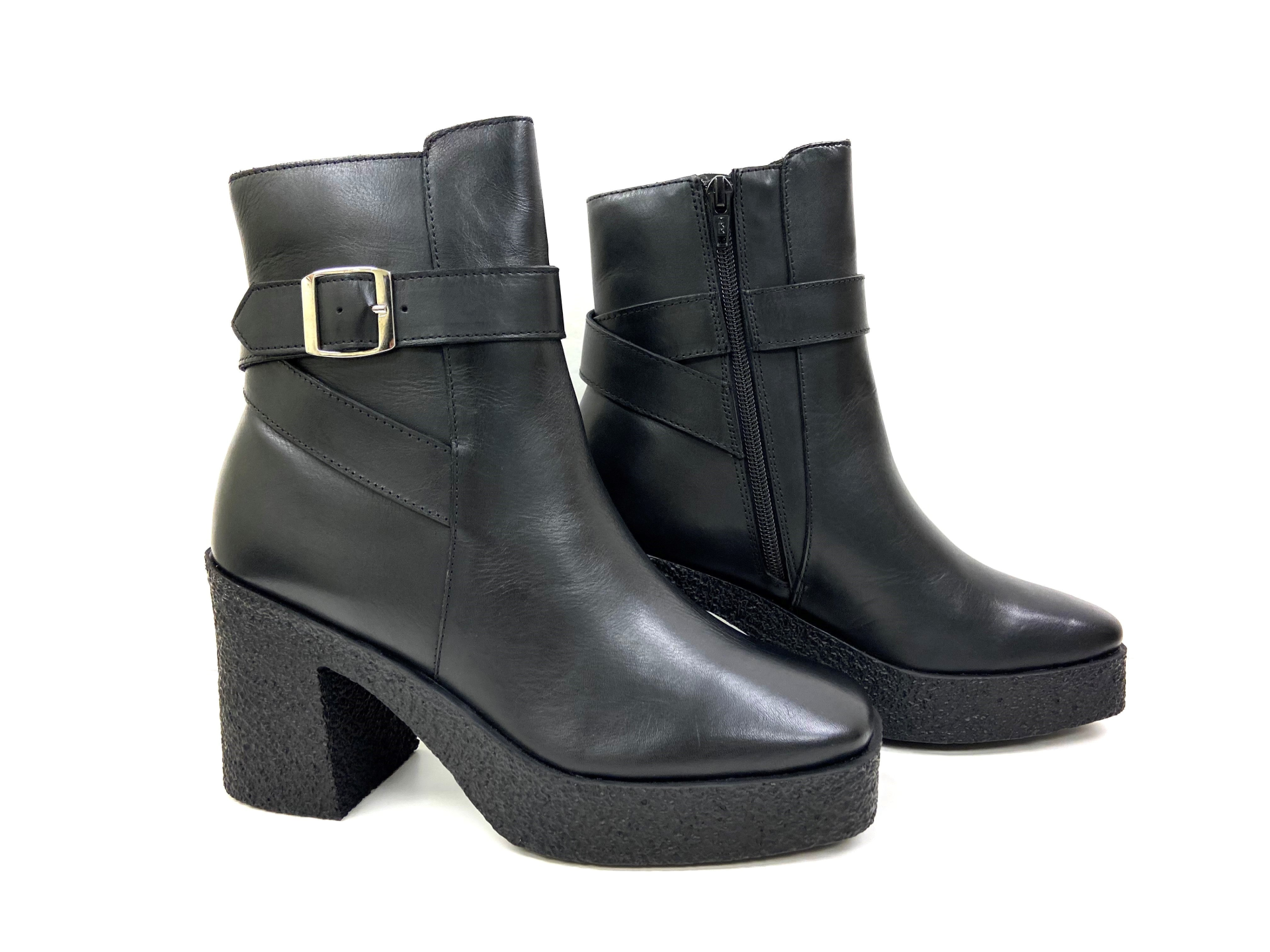 Lara Black Platform High Heels - Chic Square-Toe Boots with Decorative Belts.