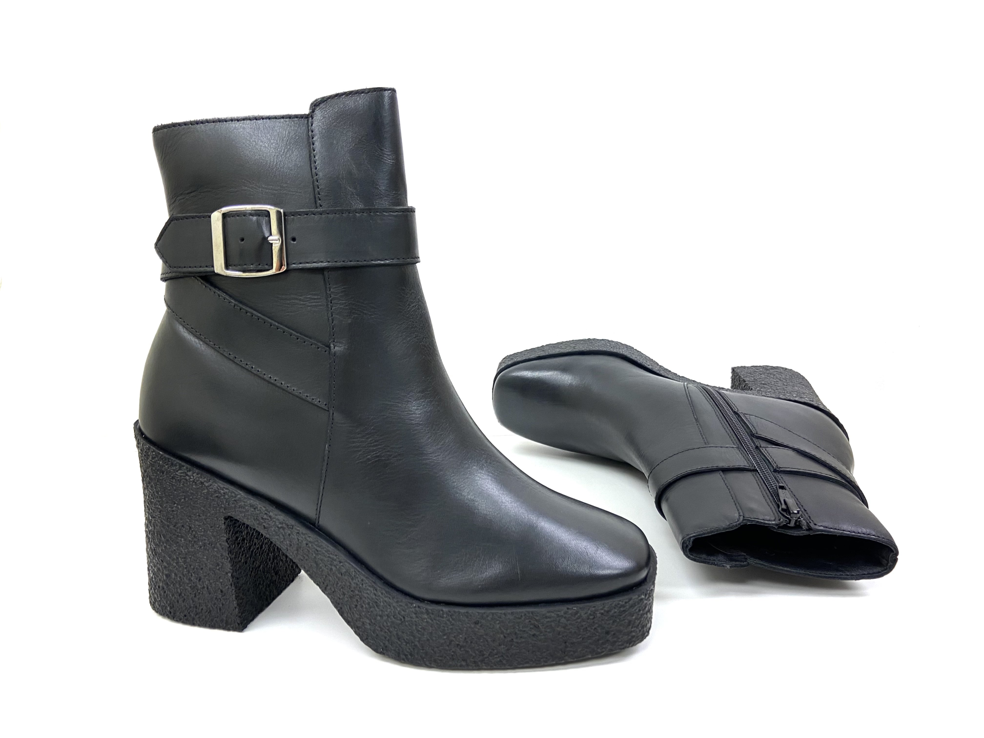 Lara Black Platform High Heels - Chic Square-Toe Boots with Decorative Belts.