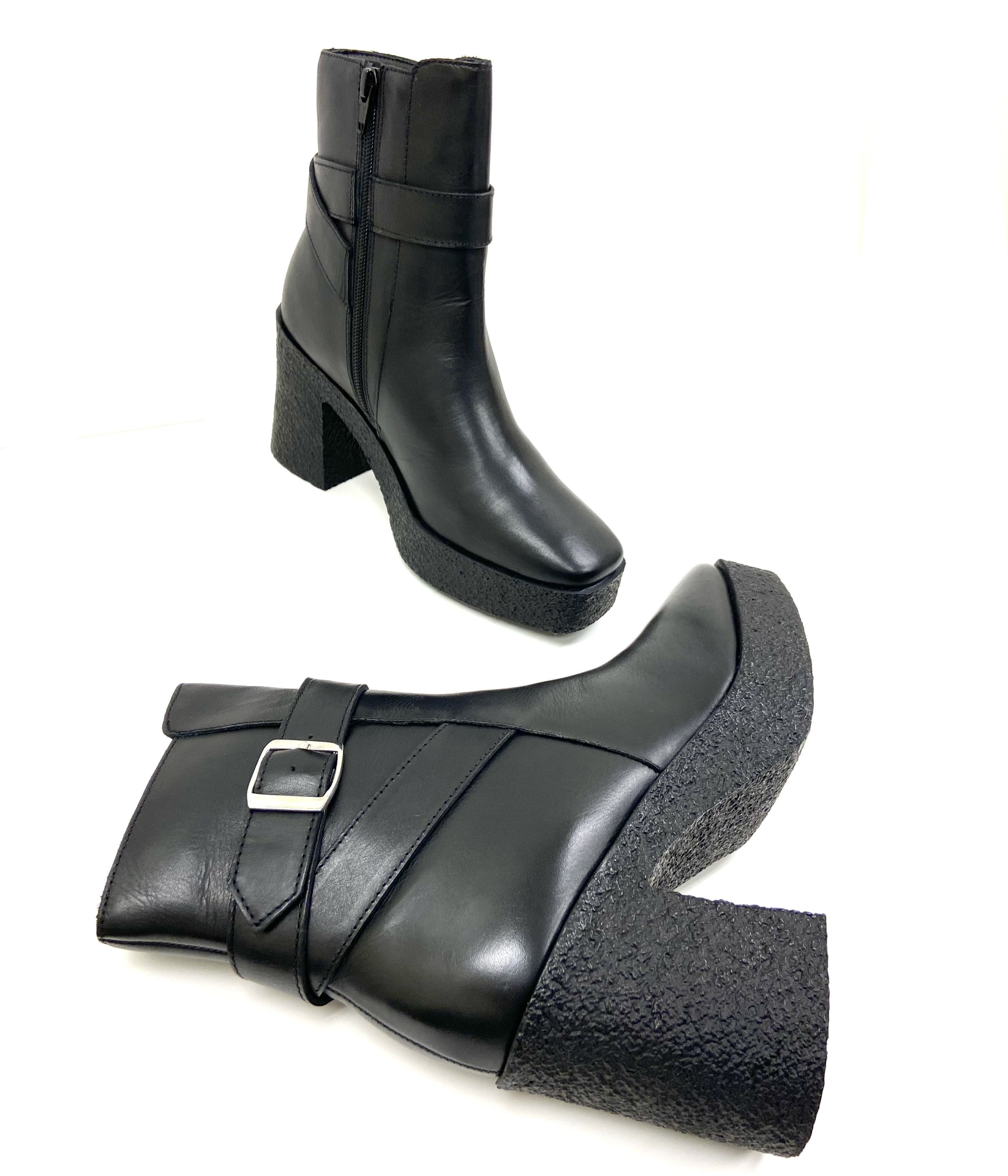 Lara Black Platform High Heels - Chic Square-Toe Boots with Decorative Belts.