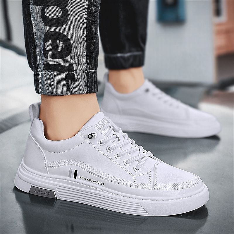 White Trendy Casual Sneakers, Sports Microfiber Leather Men's Shoes, Live Delivery.