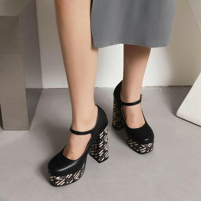 Waterproof Plaid Mary Jane High Heels.