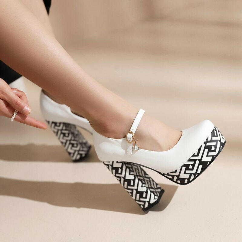Waterproof Plaid Mary Jane High Heels.