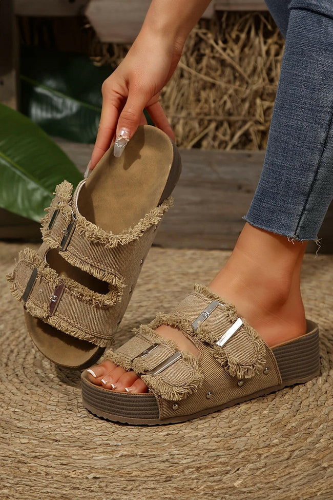 Pale Khaki Double Buckle Straps Frayed Detial Retro Sandals.