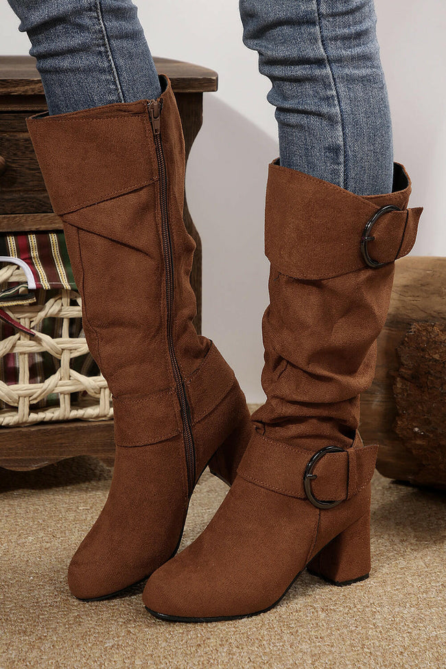 ☕ Coffee Suede Double Buckled Side Zipped Mid-Calf Boots.