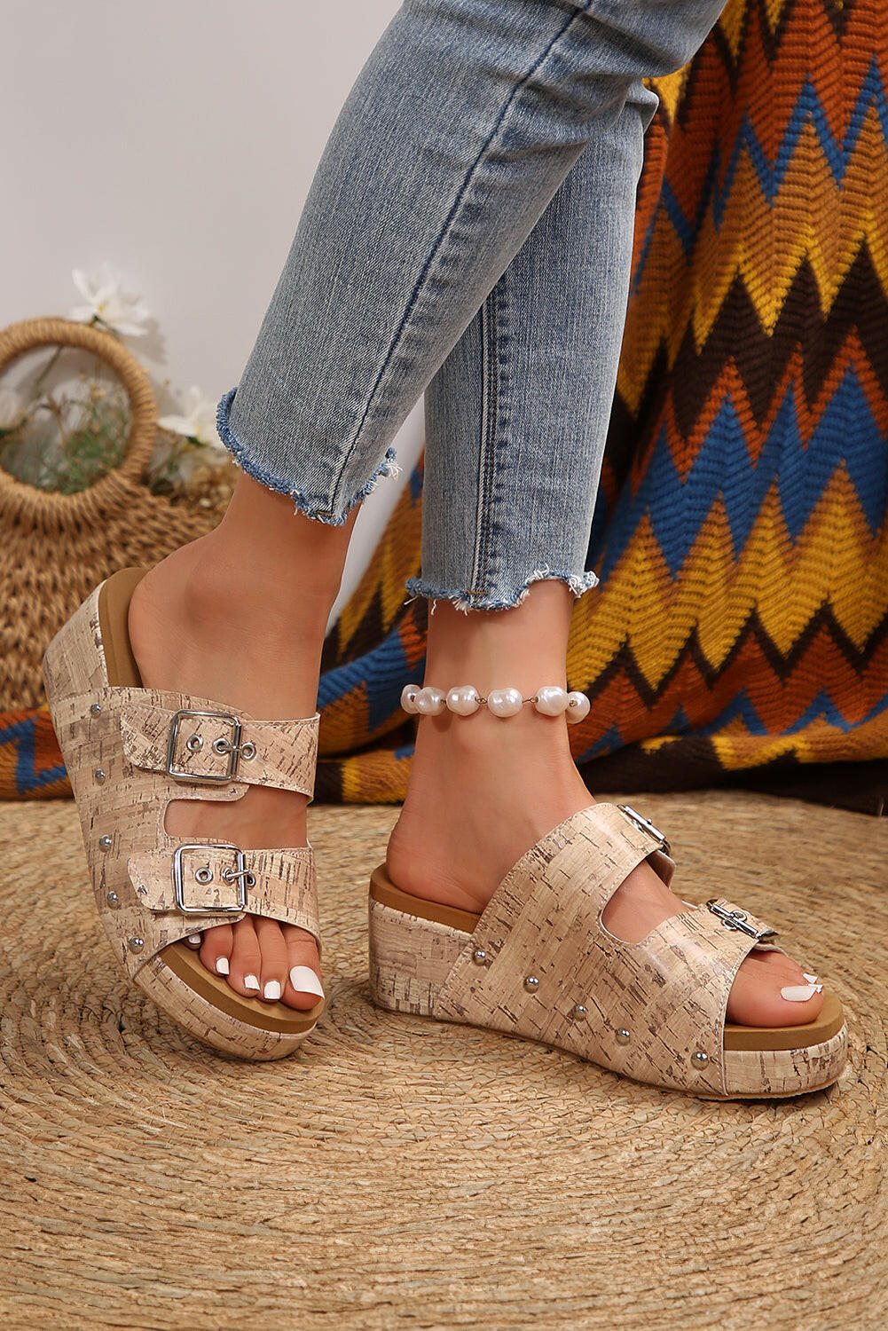 Pale Khaki Retro Buckle Studded Platform Slides Shoes.