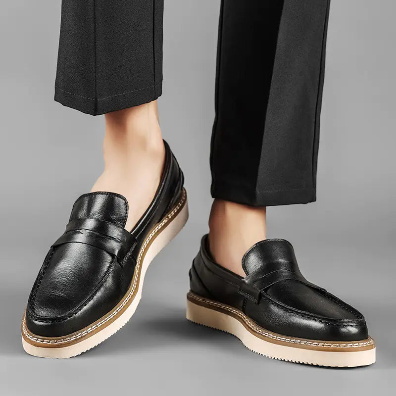 Men's Cowhide Leather Slip-On Shoes – Casual Round Toe Footwear.