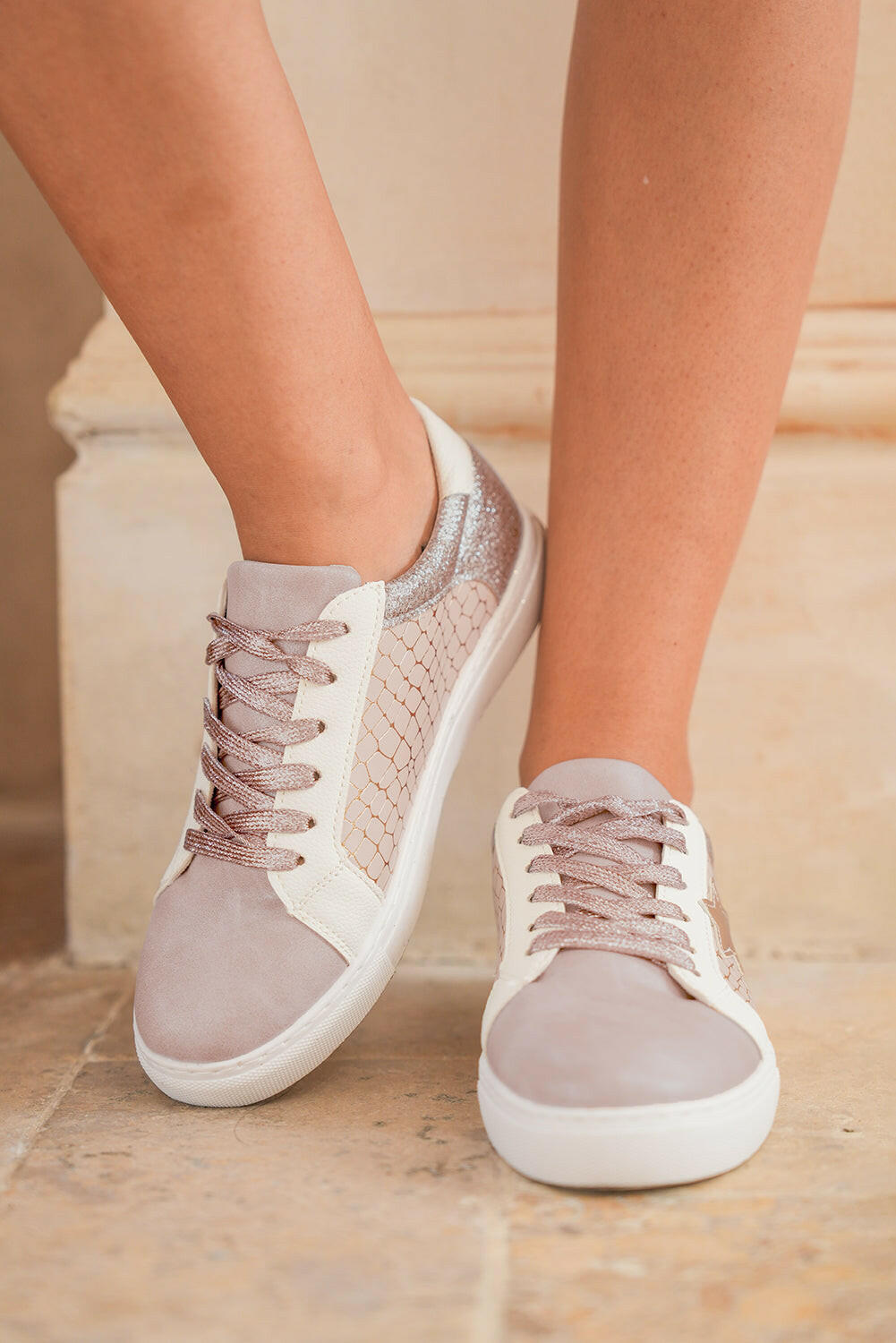 ✨ Gold Glitter Star Patchwork PU Leather Lace-Up Sneakers – Sparkle with Every Step ✨.