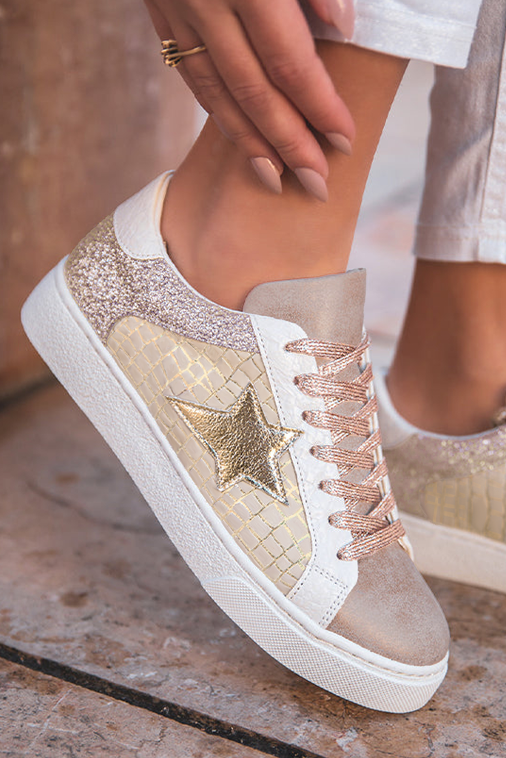 ✨ Gold Glitter Star Patchwork PU Leather Lace-Up Sneakers – Sparkle with Every Step ✨.