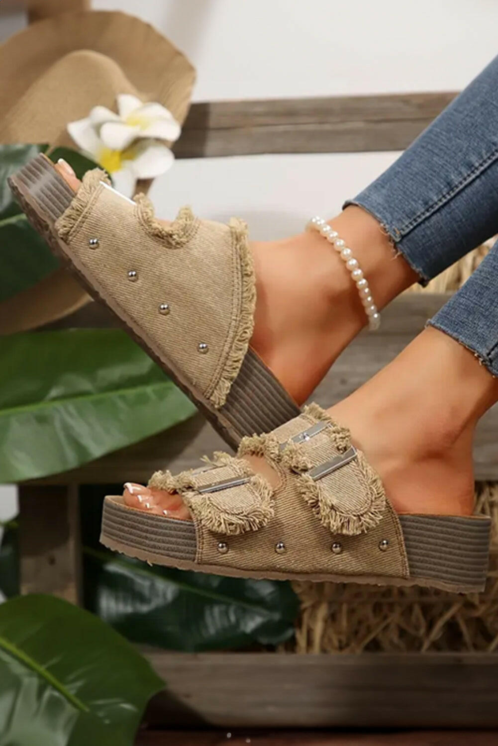 Pale Khaki Double Buckle Straps Frayed Detial Retro Sandals.