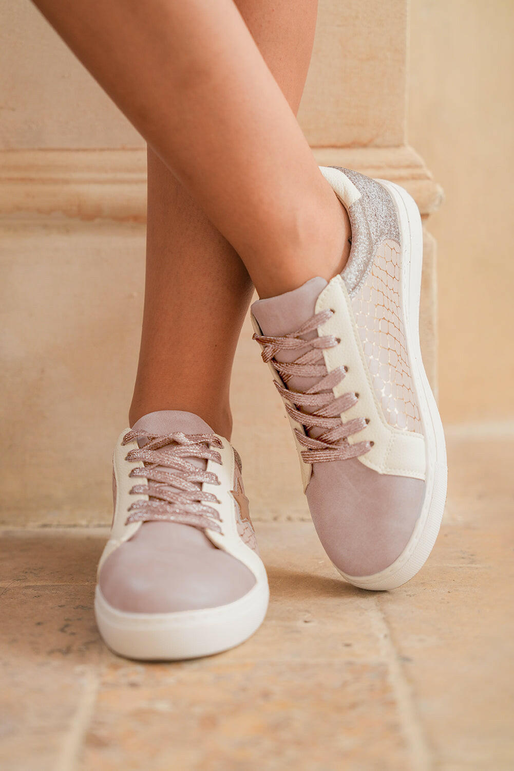 ✨ Gold Glitter Star Patchwork PU Leather Lace-Up Sneakers – Sparkle with Every Step ✨.