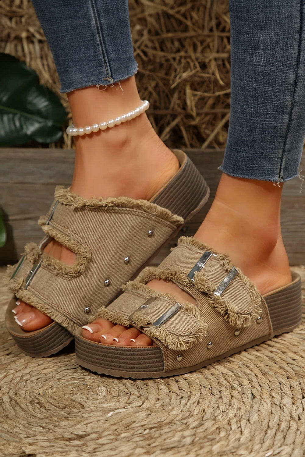 Pale Khaki Double Buckle Straps Frayed Detial Retro Sandals.