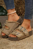 Pale Khaki Double Buckle Straps Frayed Detial Retro Sandals.