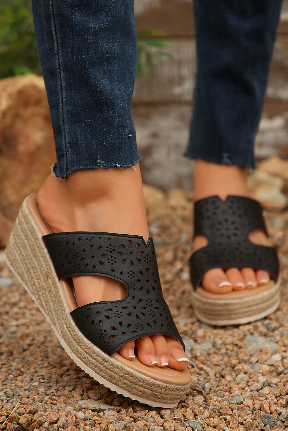 Black Flower Hollow Out PU Leather Wedge Slippers.