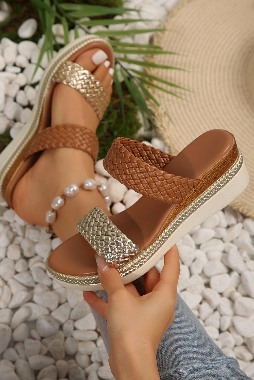 Gold Woven Two Band Color Block Wedge Sandals.