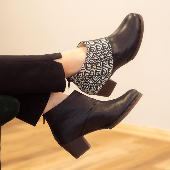 Salma Ankle Boot – Black & Ecru | Handcrafted Women’s Boots with Tatreez Embroidery.