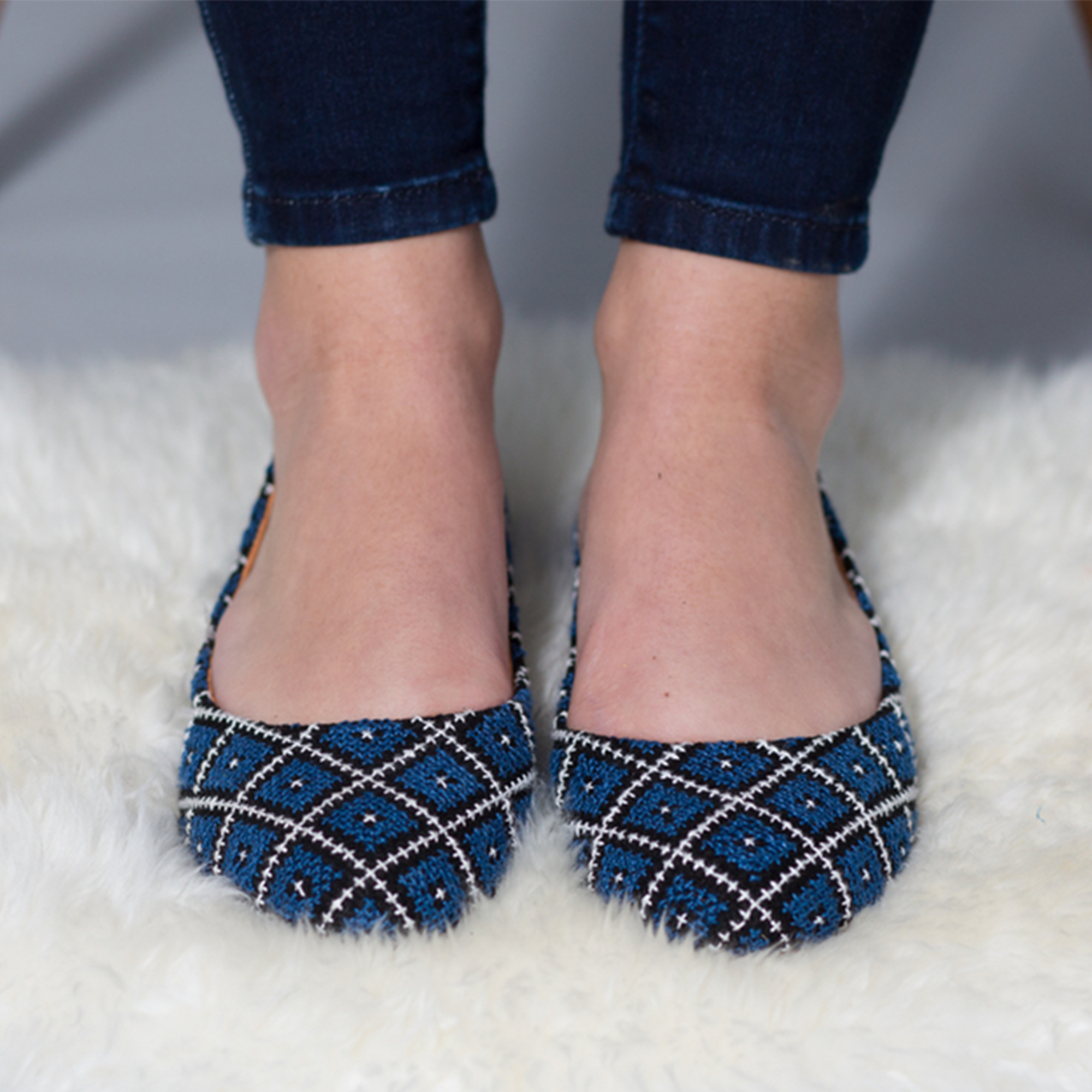 💙 Yasmin Flat – Sapphire Blue | Handmade Tatreez Embroidered Shoes.