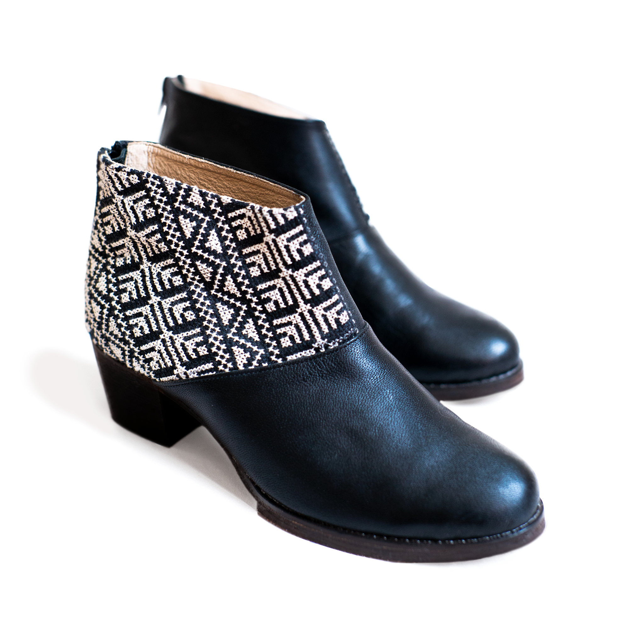 Salma Ankle Boot – Black & Ecru | Handcrafted Women’s Boots with Tatreez Embroidery.