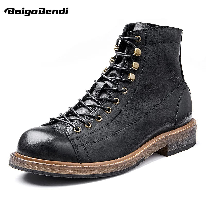 Retro Round Toe Men's Work Boots – British Style Leather Lace-Up.
