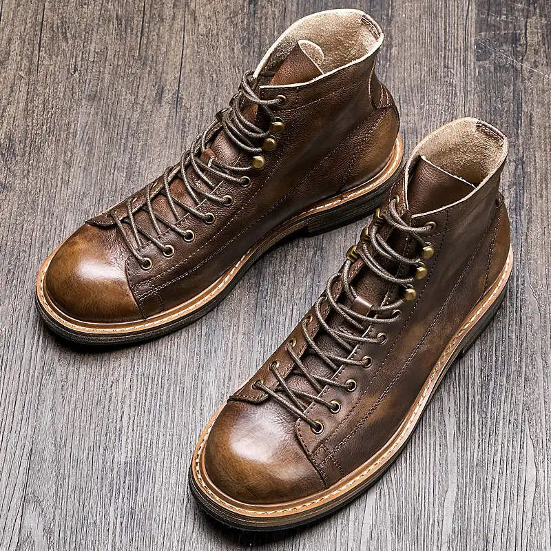 Retro Round Toe Men's Work Boots – British Style Leather Lace-Up.