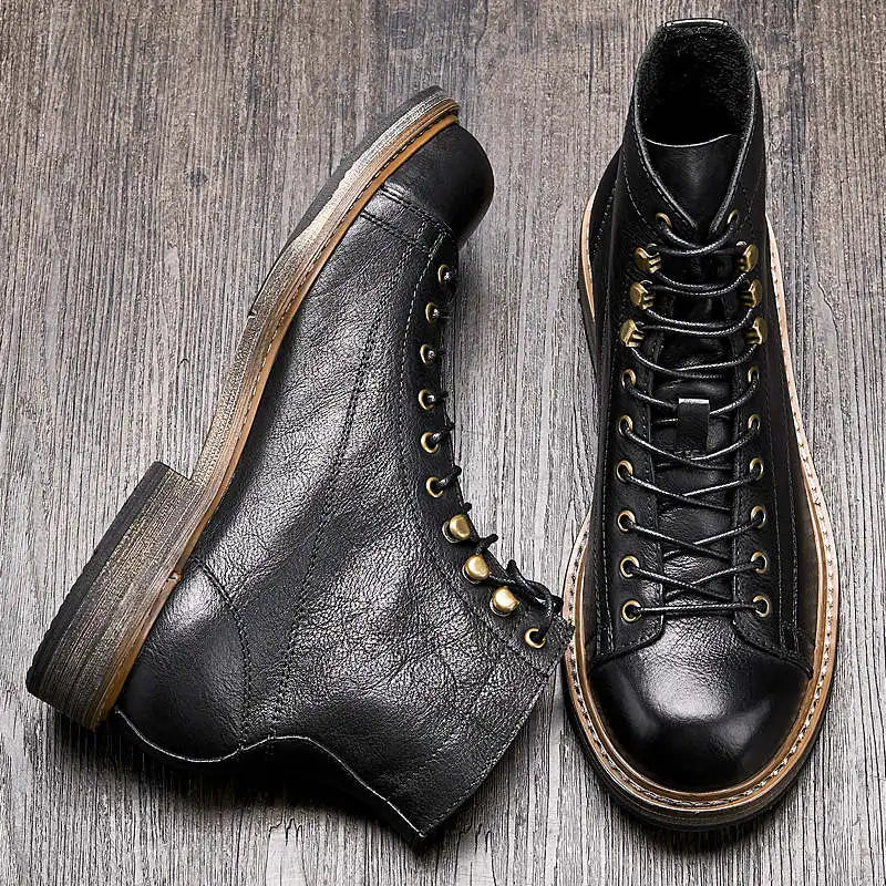 Retro Round Toe Men's Work Boots – British Style Leather Lace-Up.