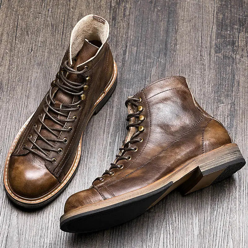 Retro Round Toe Men's Work Boots – British Style Leather Lace-Up.