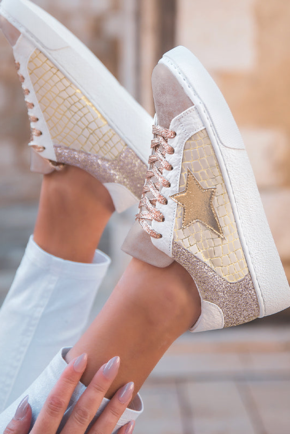 ✨ Gold Glitter Star Patchwork PU Leather Lace-Up Sneakers – Sparkle with Every Step ✨.