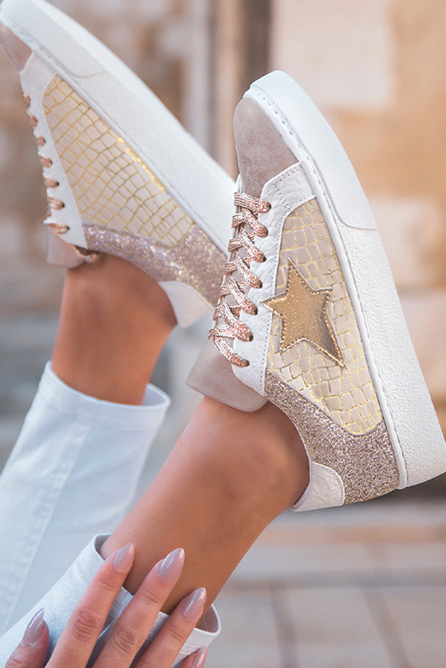 ✨ Gold Glitter Star Patchwork PU Leather Lace-Up Sneakers – Sparkle with Every Step ✨.