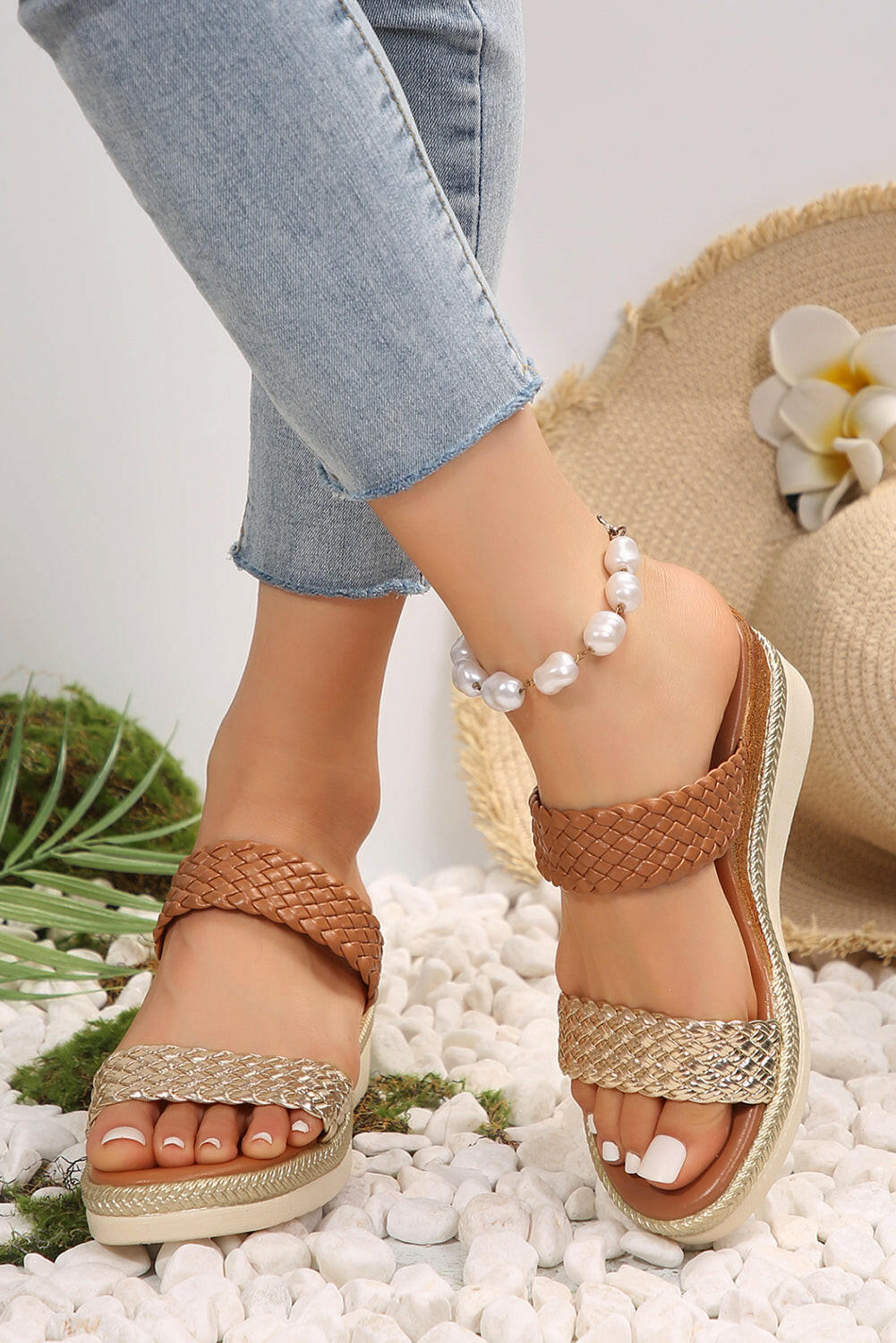 Gold Woven Two Band Color Block Wedge Sandals.