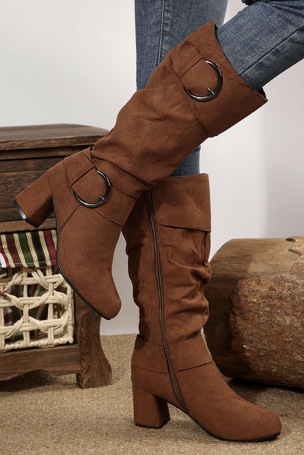 ☕ Coffee Suede Double Buckled Side Zipped Mid-Calf Boots.