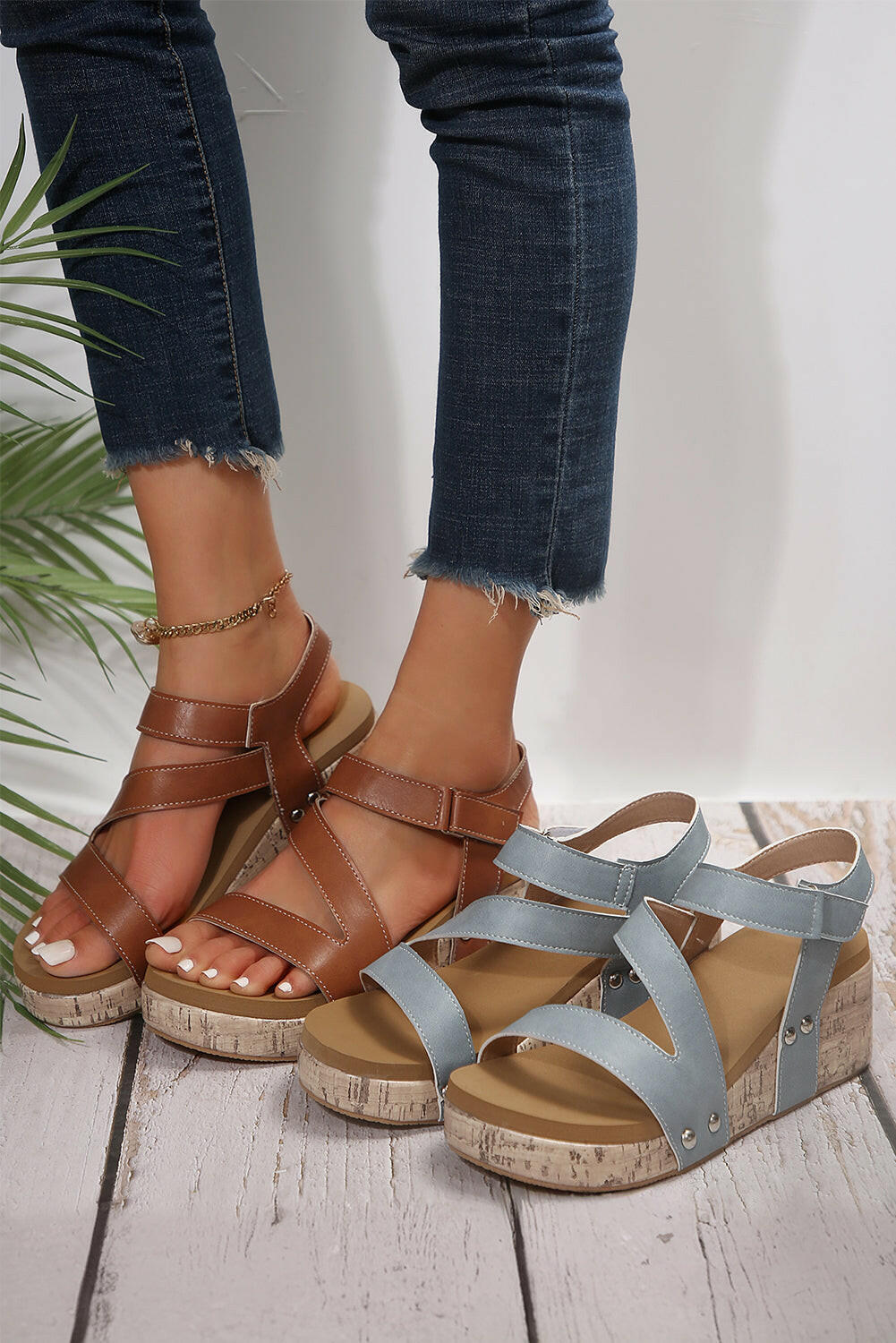 Chestnut Hollow Out Velcro Leather Wedge Sandal.