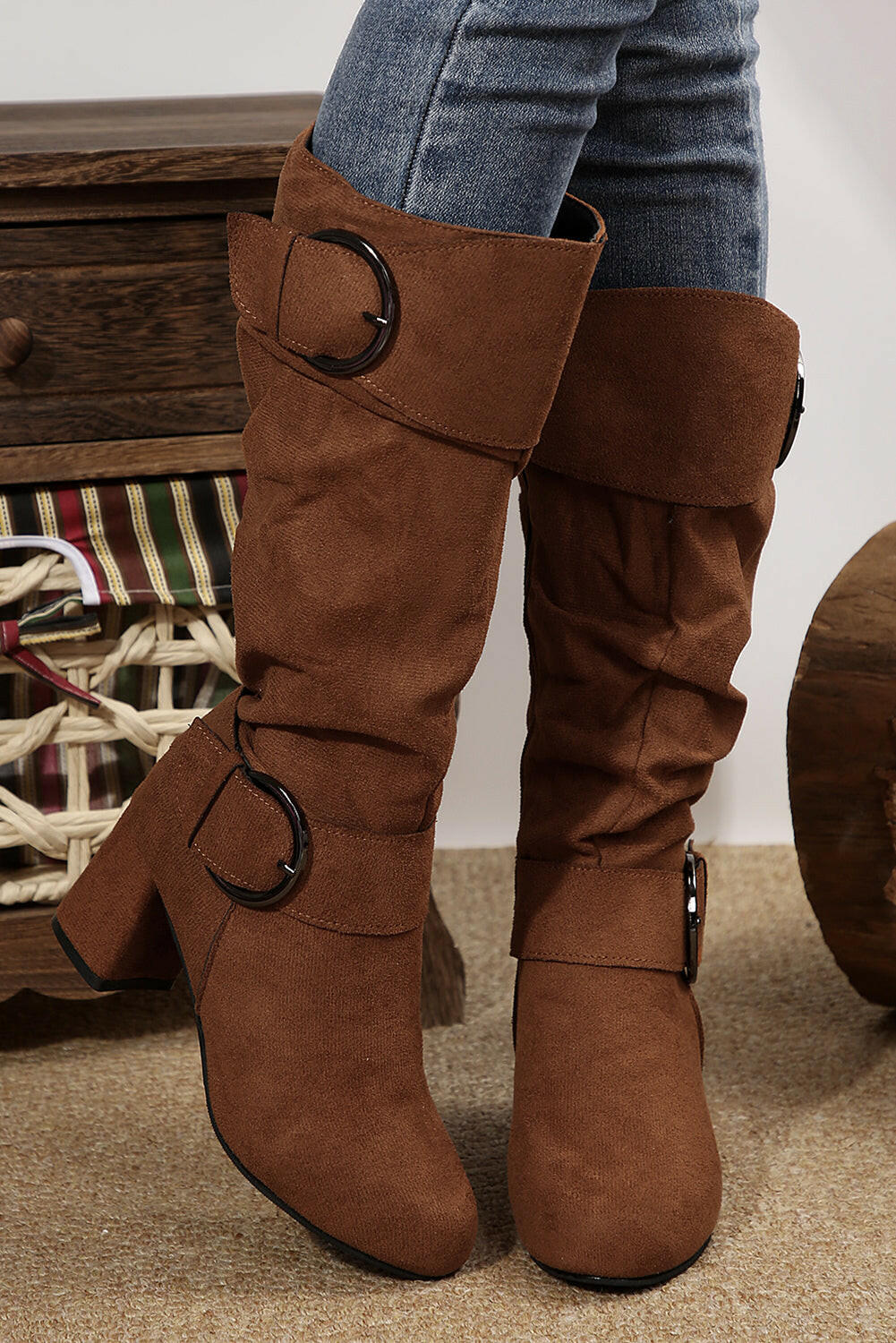 ☕ Coffee Suede Double Buckled Side Zipped Mid-Calf Boots.