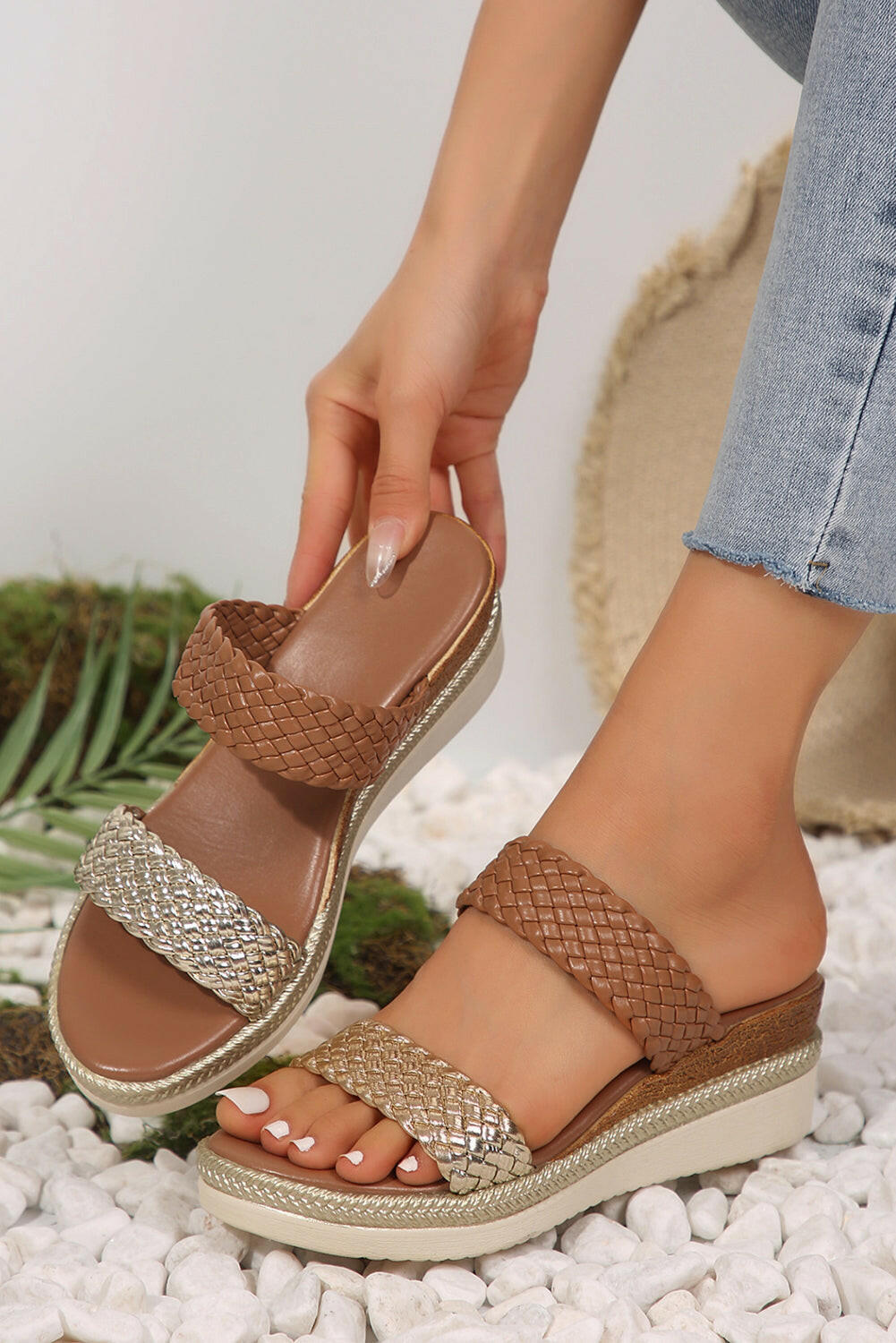 Gold Woven Two Band Color Block Wedge Sandals.