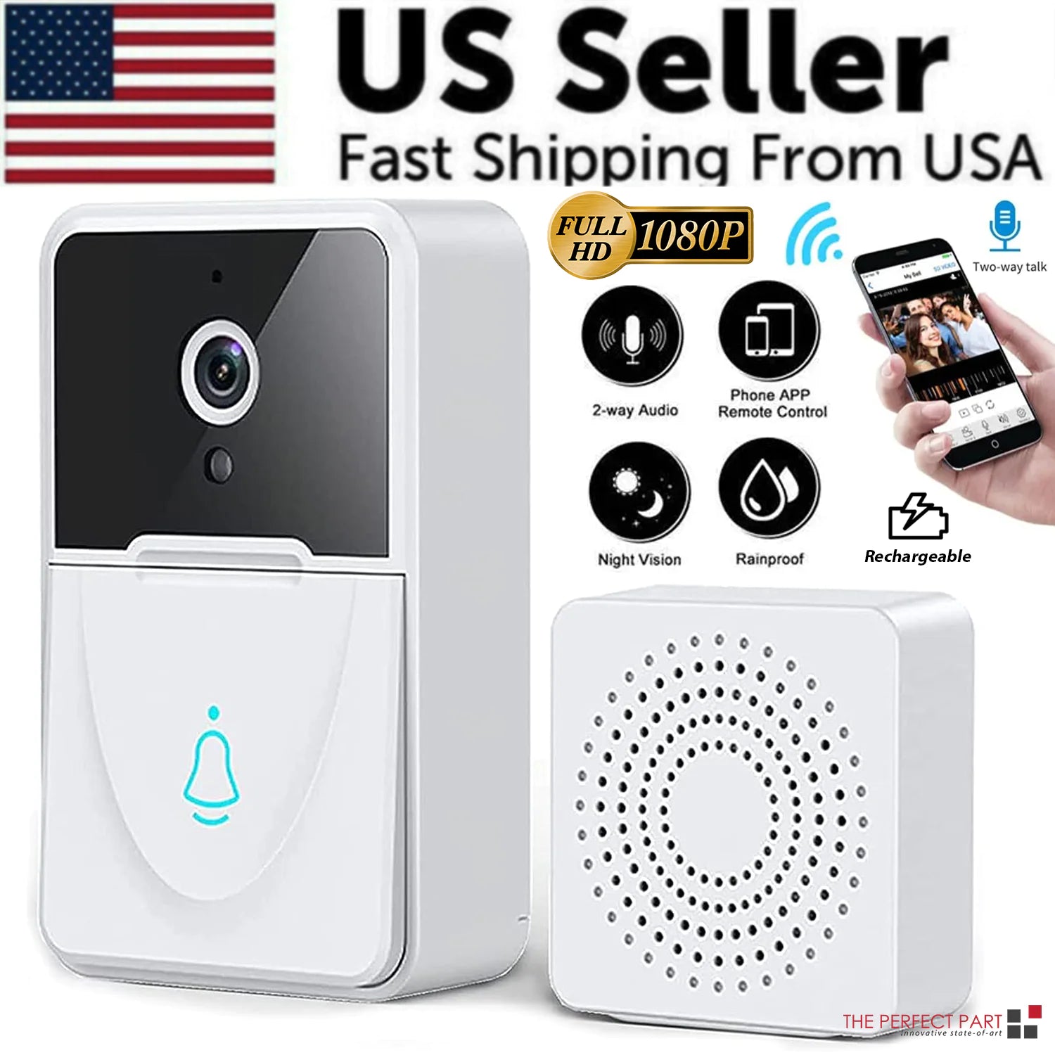 Smart WiFi Video Doorbell 1080P HD Camera - Night Vision Intercom Security System with 166° Wide Angle