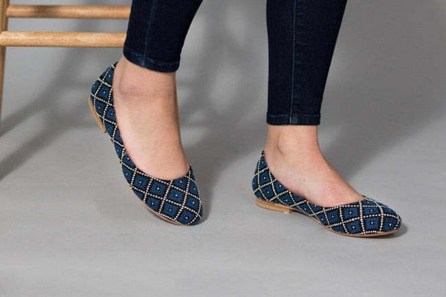 💙 Yasmin Flat – Sapphire Blue | Handmade Tatreez Embroidered Shoes.